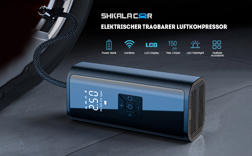 Електричний автомобільний компресор Shkalacar 12В 150 PSI, портативний міні-насос 4500 мА·год, павербанк, підкачка шин, ліхтар, SOS