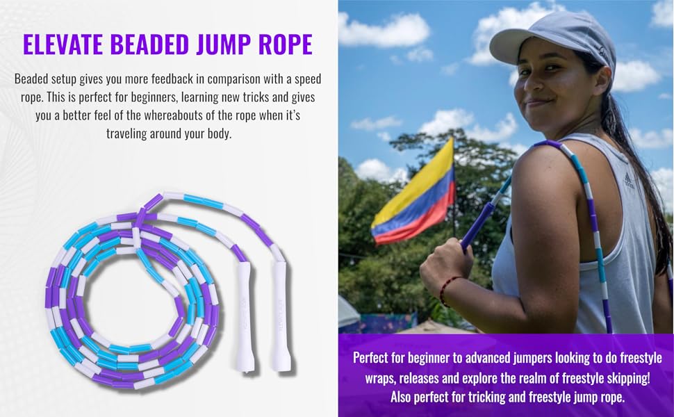Стрибкова скакалка Elevate Beaded - професійна з регульованою довжиною до 3 м, товщина шнура 3 мм, вага 0.1 кг. (Білий/Жовтий/Помаранчевий/Червоний)