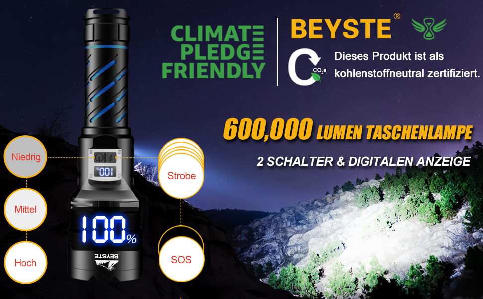 Ліхтарик LED BEYSTE перезарядна, тактичний ліхтарик 60000 люмен, потужний ліхтарик з USB, для кемпінгу та надзвичайних ситуацій, чорний