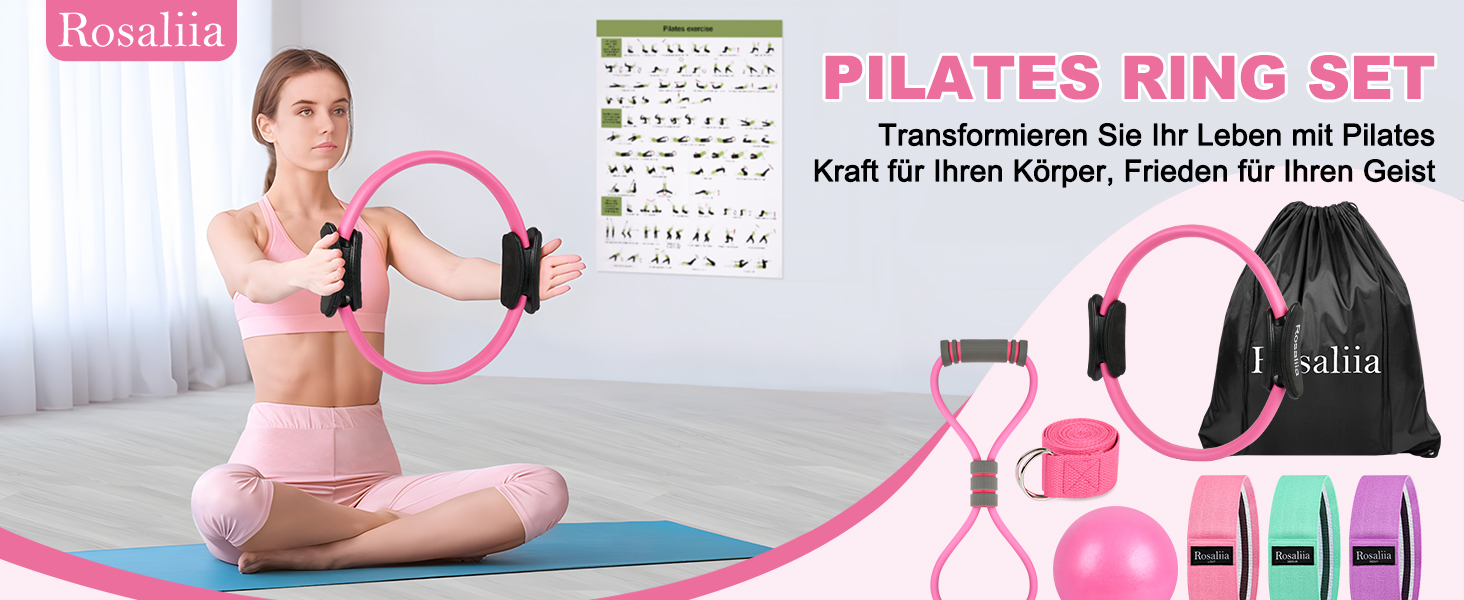 Набір для пілатесу: кільце, фітнес-гумка для стегон, стрічка для розтяжки, фітнес-постер (рожевий)
