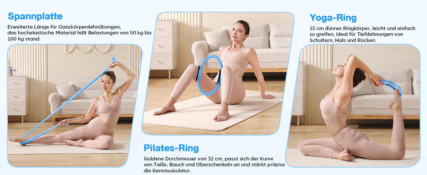 Набір для пілатесу 13 шт: кільце 13', м'яч 10' та еластичні стрічки для жінок вдома. Комплект обладнання для пілатесу для початківців, стрічки та аксесуари (блакитний)