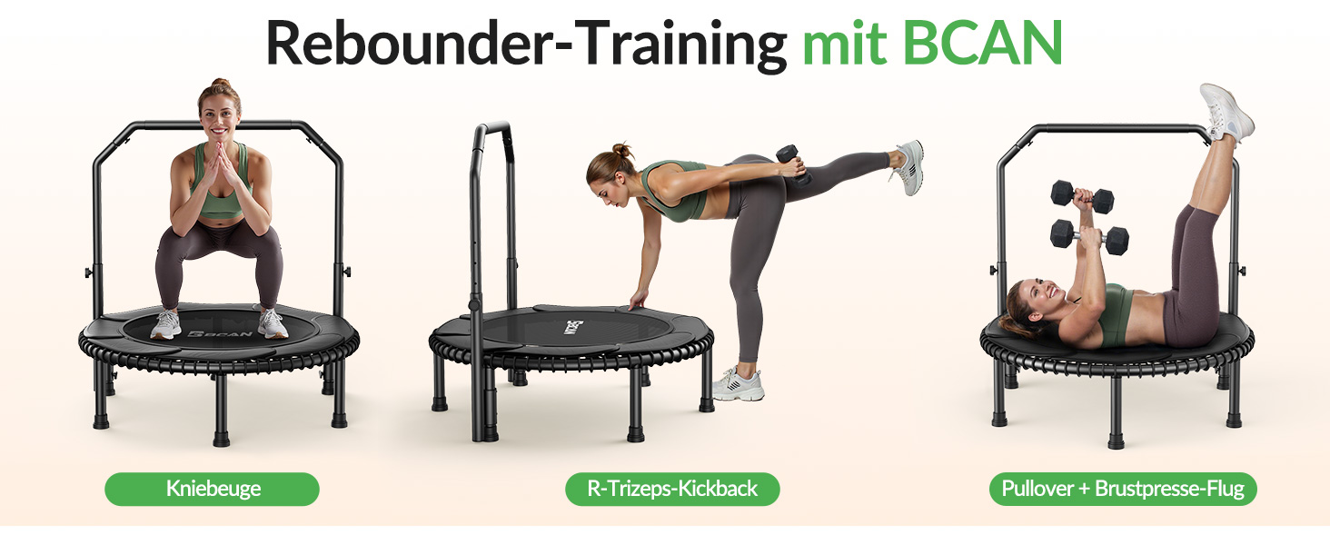 Міні-батут BCAN для дорослих, 102/122 см, до 204/250 кг, з еластичними тросами, регульованою ручкою, стабільний, тихий, для дому та вулиці, тренування всього тіла, розслаблення вдома - Зелений (102 см)