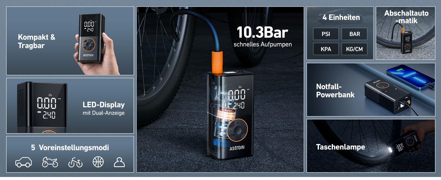 AstroAI Бездротова електрична повітряна помпа, портативна акумуляторна помпа для велосипеда з LED-ліхтариком, для велосипеда, електробіка, авто, мотоцикла, м'ячів (чорний)