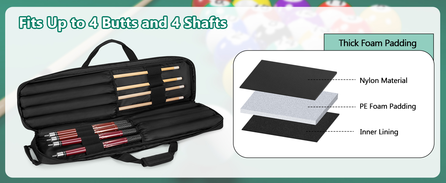 Чохол для більярдних київ: вміщує до 4 частин (київ, насадки) з ручкою та регульованим плечовим ременем (Чорний)