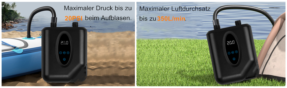 Електричний насос для SUP дошки, 20 PSI, бездротовий, 12000mAh, з двоступеневим надуванням/спусканням, автовимкнення, SOS, ліхтарик, чорний