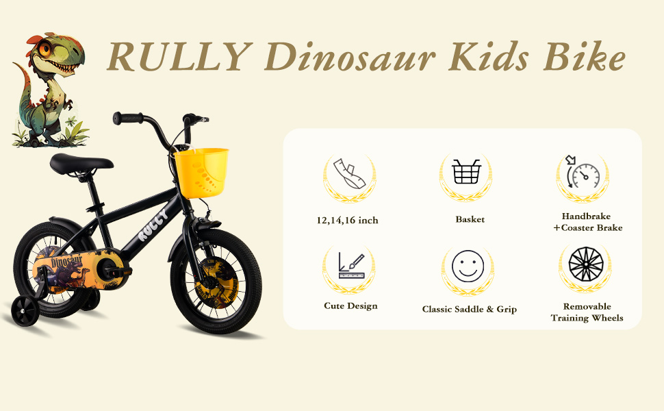 Дитяче велосипед RULLY Динозавр для хлопчиків 2-7 років, 12/14/16 дюймів, BMX, з підставкою