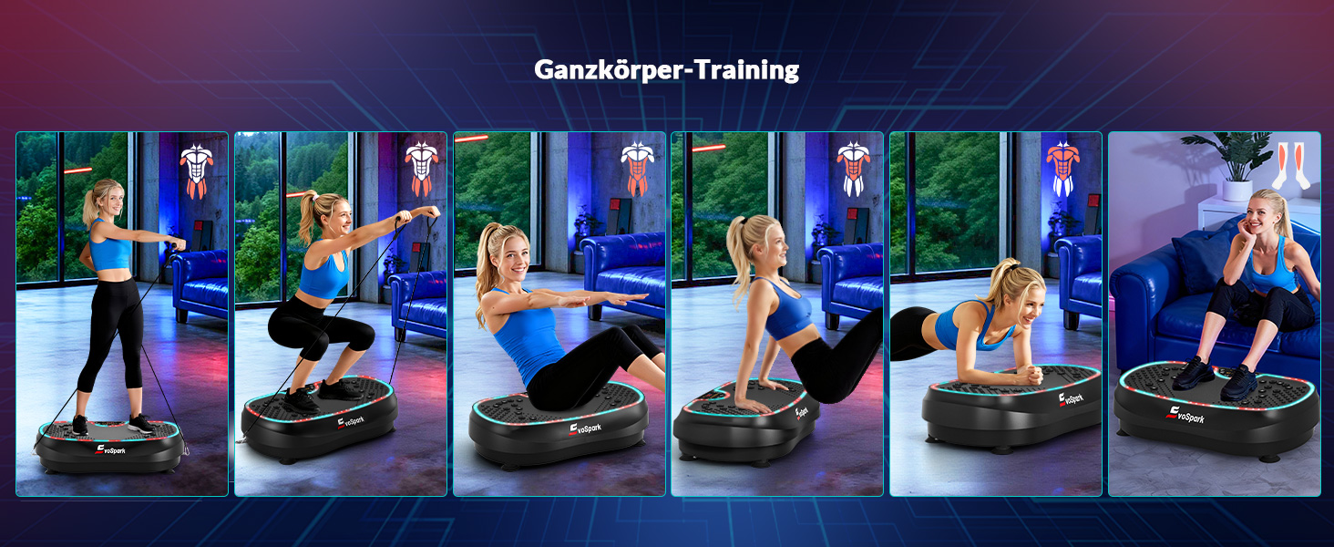 Вібраційна платформа для дому: 199 швидкостей, 6+1 режими, 200W двигун, LED-підсвітка, чорний колір