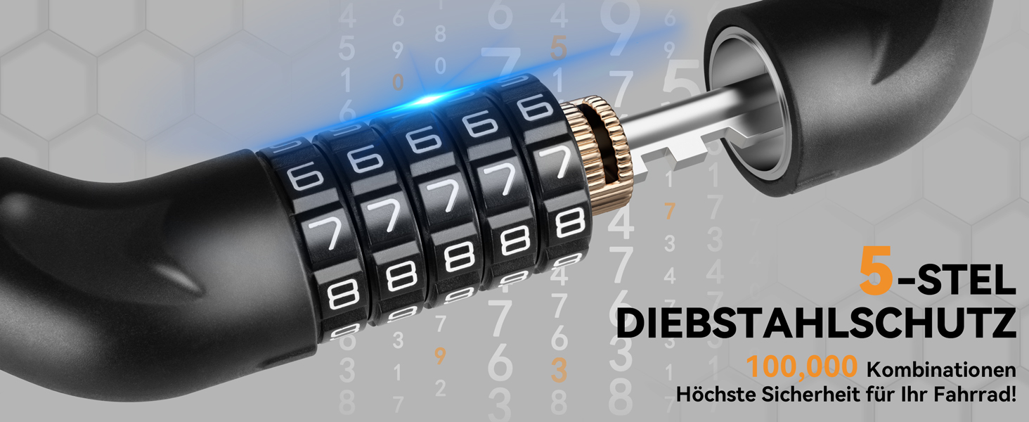 Замки для велосипеда з цифровим кодом, 11 кольорів, 90 см, рівень безпеки 8, 5-значний код, ланцюговий замок для велосипеда, мотоцикла, ролера, дверей (чорний)