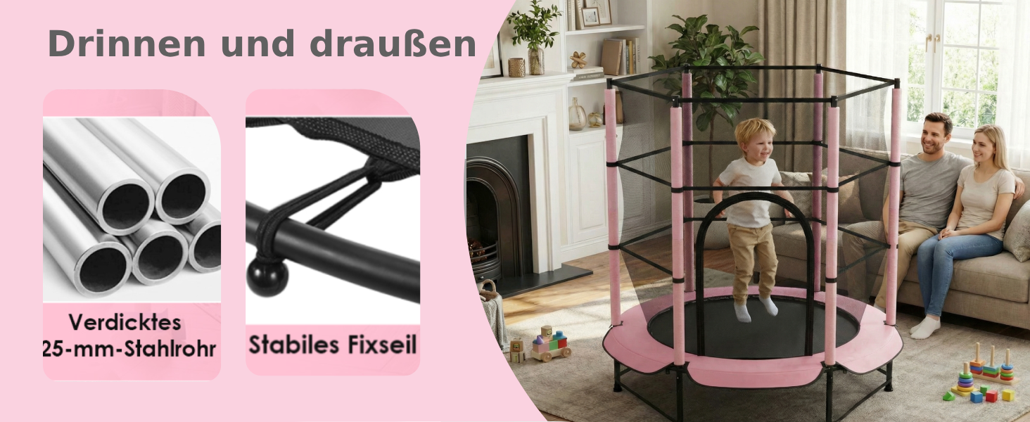 Трамплін для дітей LIFERUN Ø140см з сіткою безпеки, для ігор та тренувань, до 50 кг, рожевий