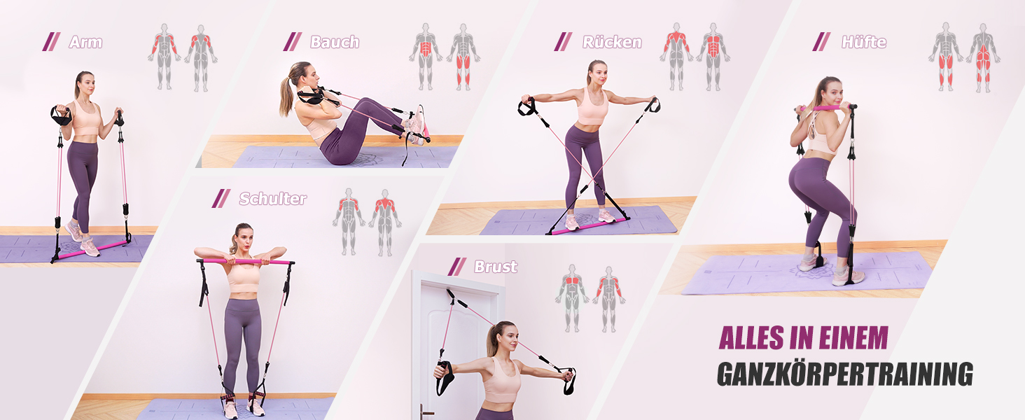 Набір для пілатесу з еластичними стрічками та стержнем, 180LBS/140LBS, фітнес-стрічки, фітнес/йога/тренажерний зал, фіолетовий