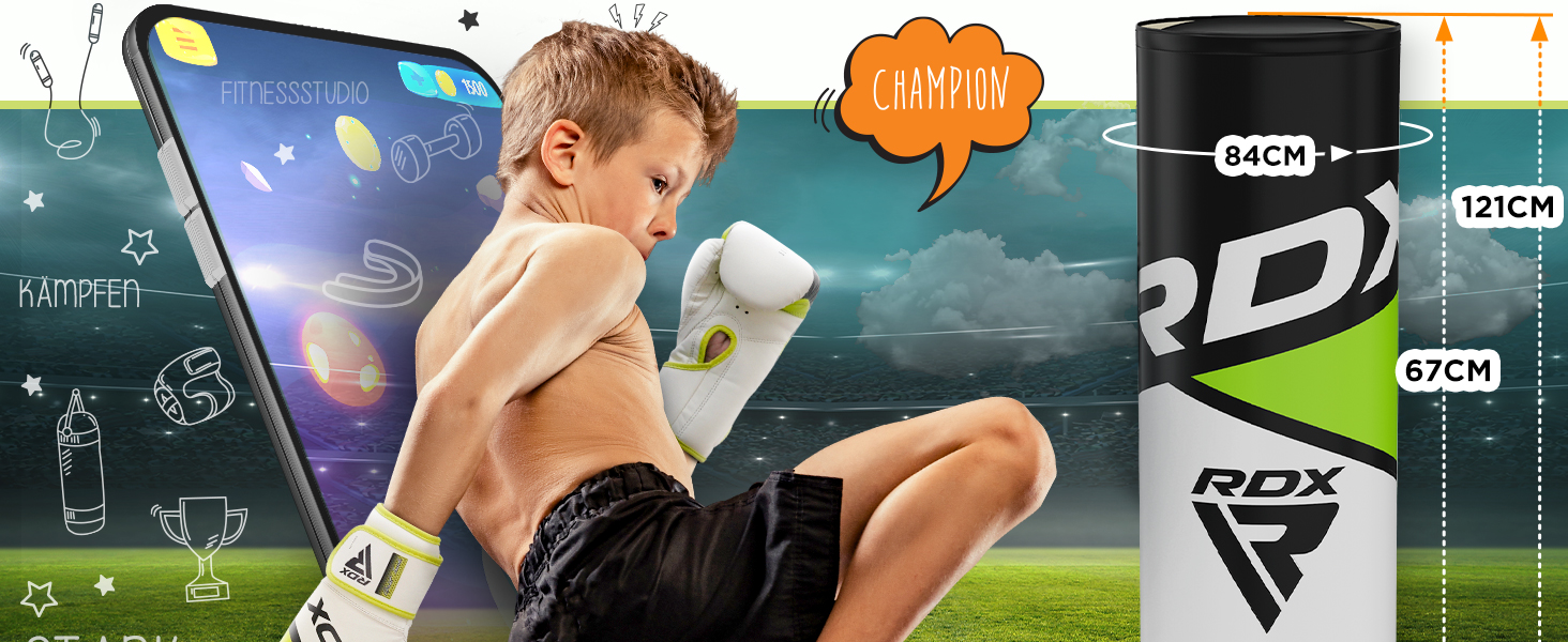 Дитячий боксерський мішок RDX 4ft з підставкою, рукавички для тренувань, MMA, кікбоксинг, бокс, рукопашний бій, муай-тай, сірий