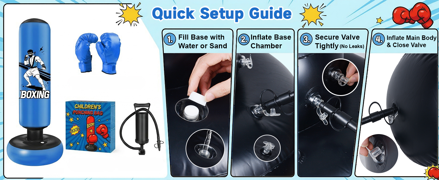 Боксерський мішок надувний для дітей 168 см з рукавичками та насосом, блакитний, з мотивом бійця, для дому, 5-12 років, для Karate та Taekwondo