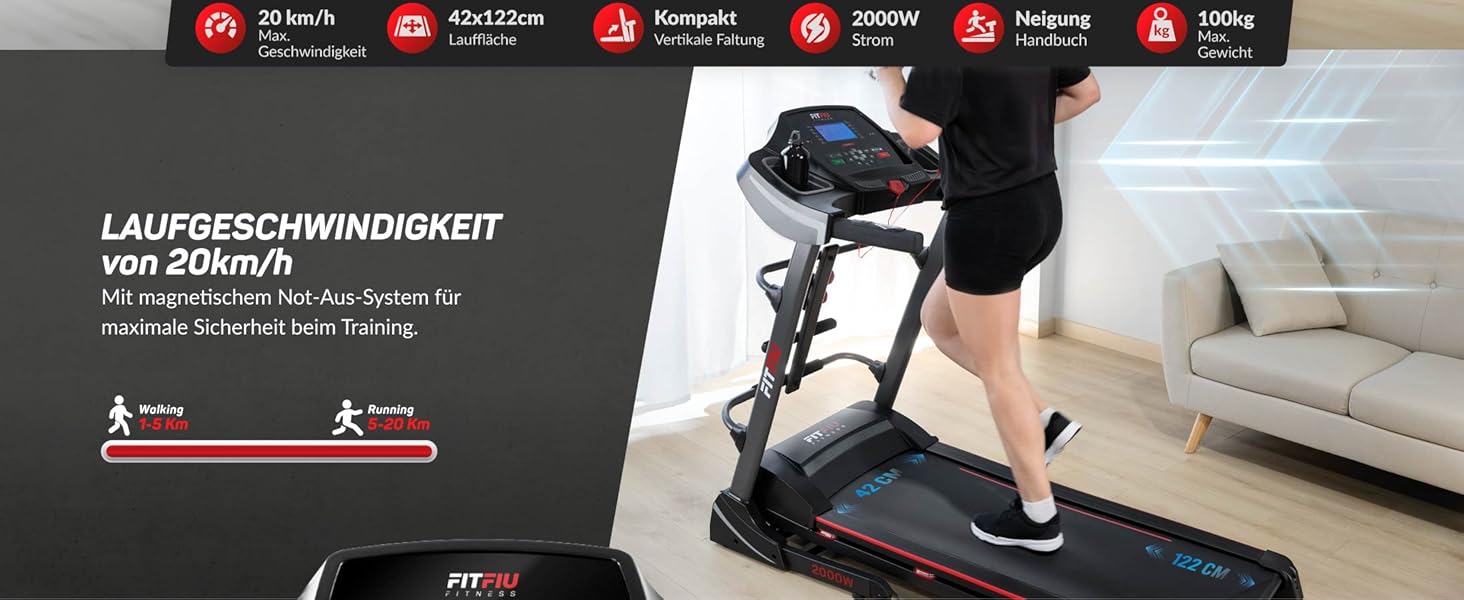 Біговий тренажер FITFIU MC-400: складаний, до 20 км/год, 2000W, ручне нахил, LCD дисплей, USB, аксесуари