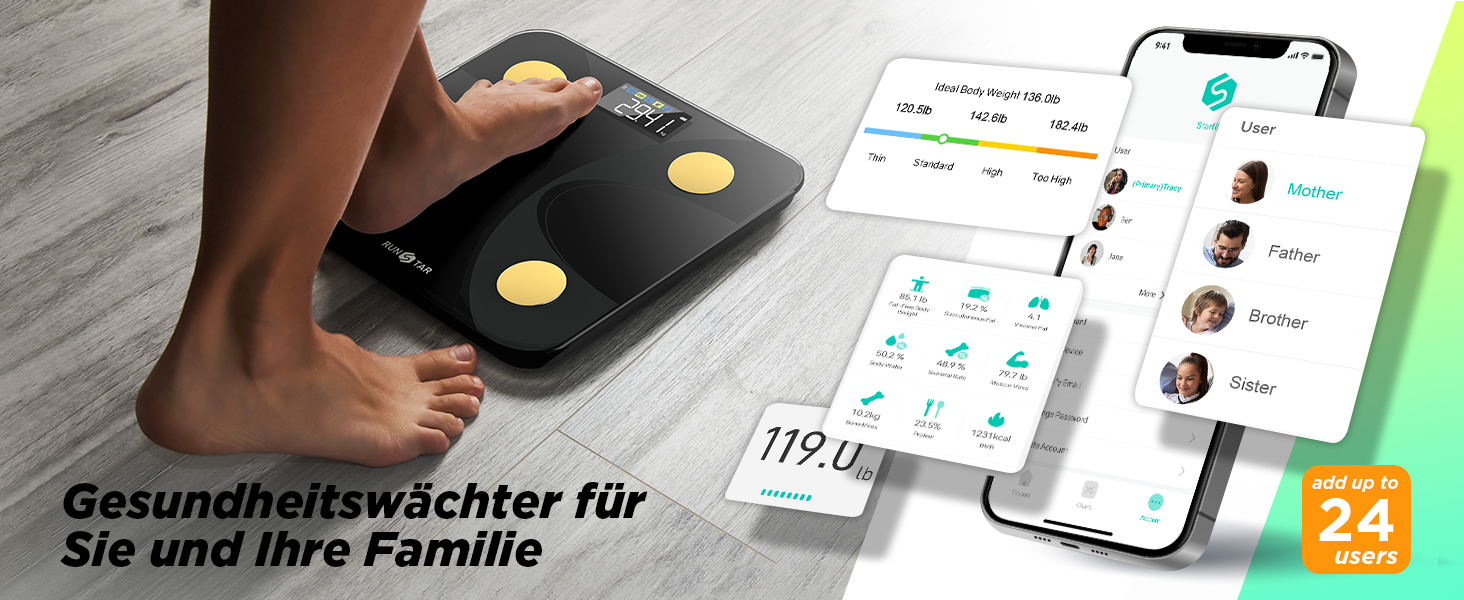 Вага RunSTAR для вимірювання жиру в тілі, персональна вага з великим дисплеєм, аналізатор 13 показників, синхронізація з додатком, чорний колір