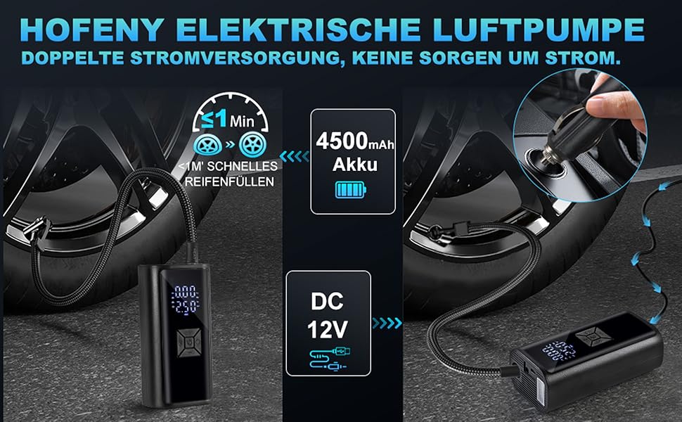 Портативна акумуляторна повітряна помпа для велосипеда - Hofeny, компресор, LED-ліхтар, для авто та мотоцикла