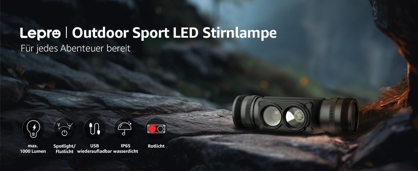 Ліхтар на лоб Lepro, акумуляторний, IP65, 1000 люмен, знімний LED, червоне світло, 6 режимів, для кемпінгу, спорту, риболовлі, майстерні, з USB-C кабелем