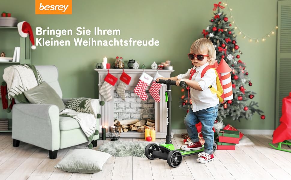 Дитячий трюковий самокат Besrey з великими колесами, світлодіодами та регульованою висотою, для хлопчиків та дівчаток 3-8 років (зелений)