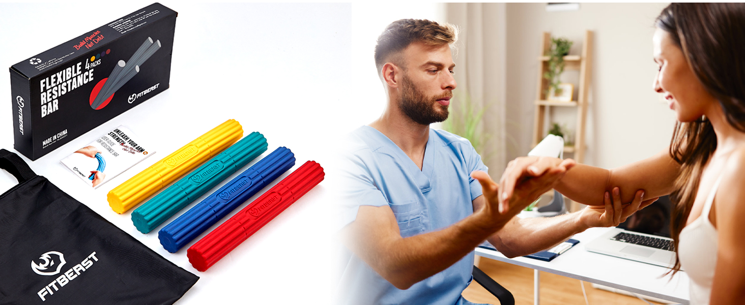 FitBeast Flex Therapy Bar – Набір еластичних тренувальних паличок для терапії ліктя (4 шт): жовтий, зелений, синій, червоний. Для гольфу, тенісу, тендиніту.