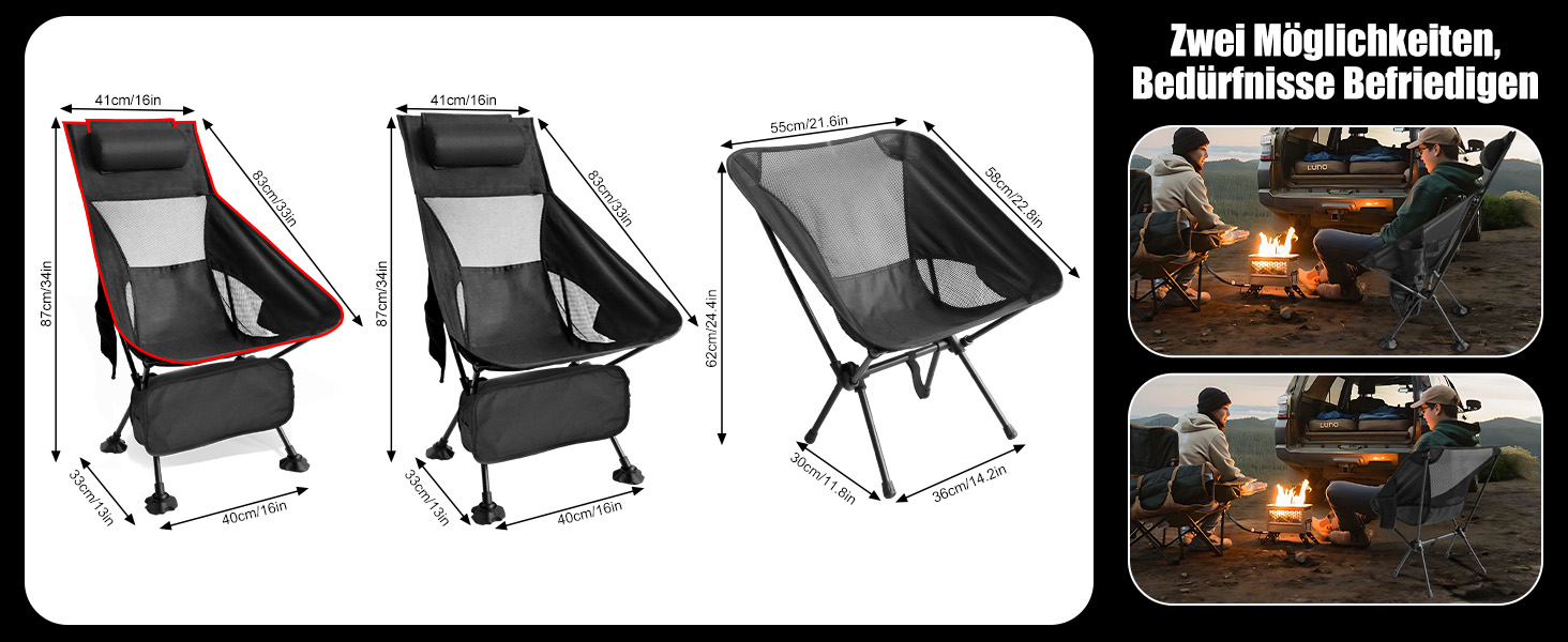 Зручний складаний стул для кемпінгу Bindokun, 120 кг, ультралегкий, з кишенями та підголівником, чорний