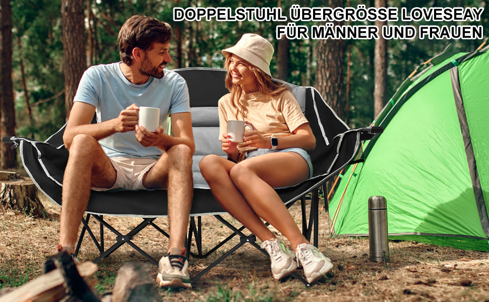 Двомісний розкладний крісло-диван для кемпінгу з підстаканниками, великий, чорно-білий