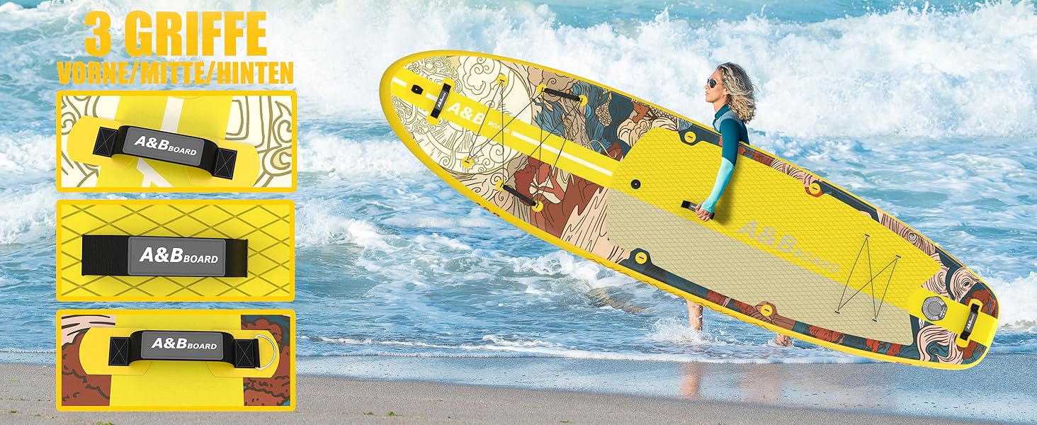Надувний SUP-борд A&BBOARD з аксесуарами: насос, рюкзак, стабільний дизайн. Підходить для молоді та дорослих (жовтий + дракон)