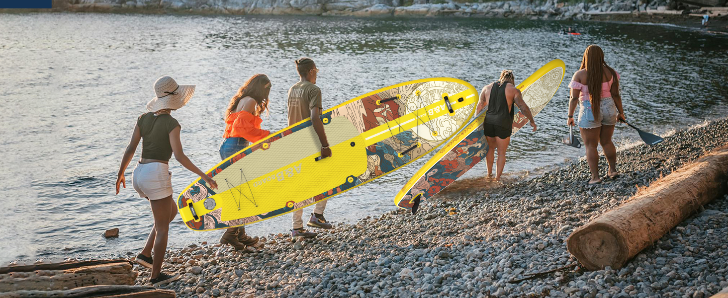 SUP дошка ABBOARD надувна 335 см, жовта - для 2 осіб, вантажопідйомність 200 кг, преміум комплект аксесуарів для початківців та сімейного відпочинку