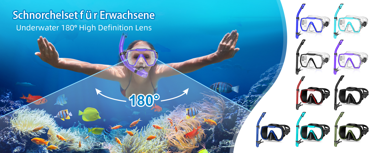 Набір для снорклінгу для дорослих: маска, трубка з антизахистом від запотівання, фіолетовий