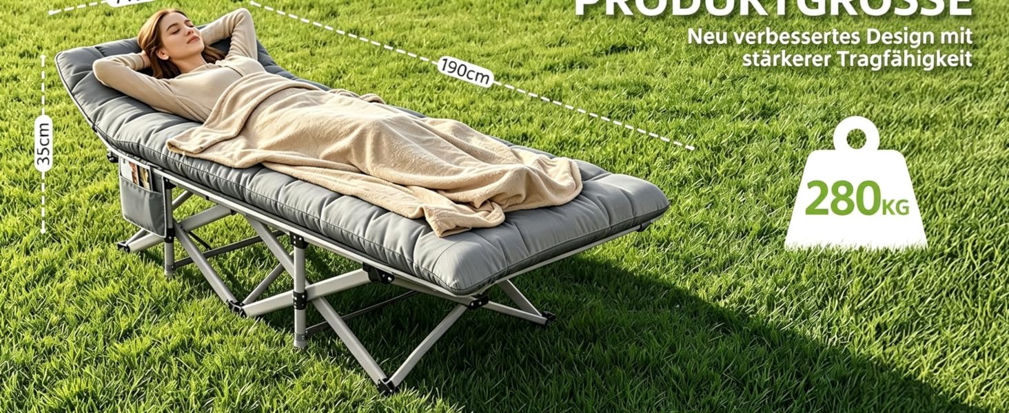 Розкладне кемпінгове ліжко Feldbett XXL з матрацом (літо/зима), посилене гостьове ліжко для відпочинку, саду та намету, витримує до 280 кг, сіре, велике