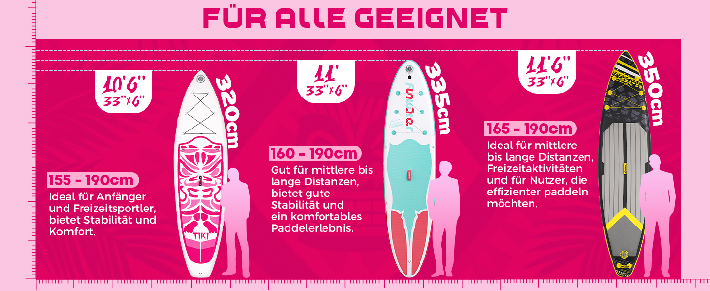 Надувний SUP (Stand Up Paddle Board) FunWater 10'6' & 11'6' з аксесуарами: весло, насос, рюкзак, плавники. Підходить для будь-якого рівня майстерності. Колір: Рожевий (Tiki).