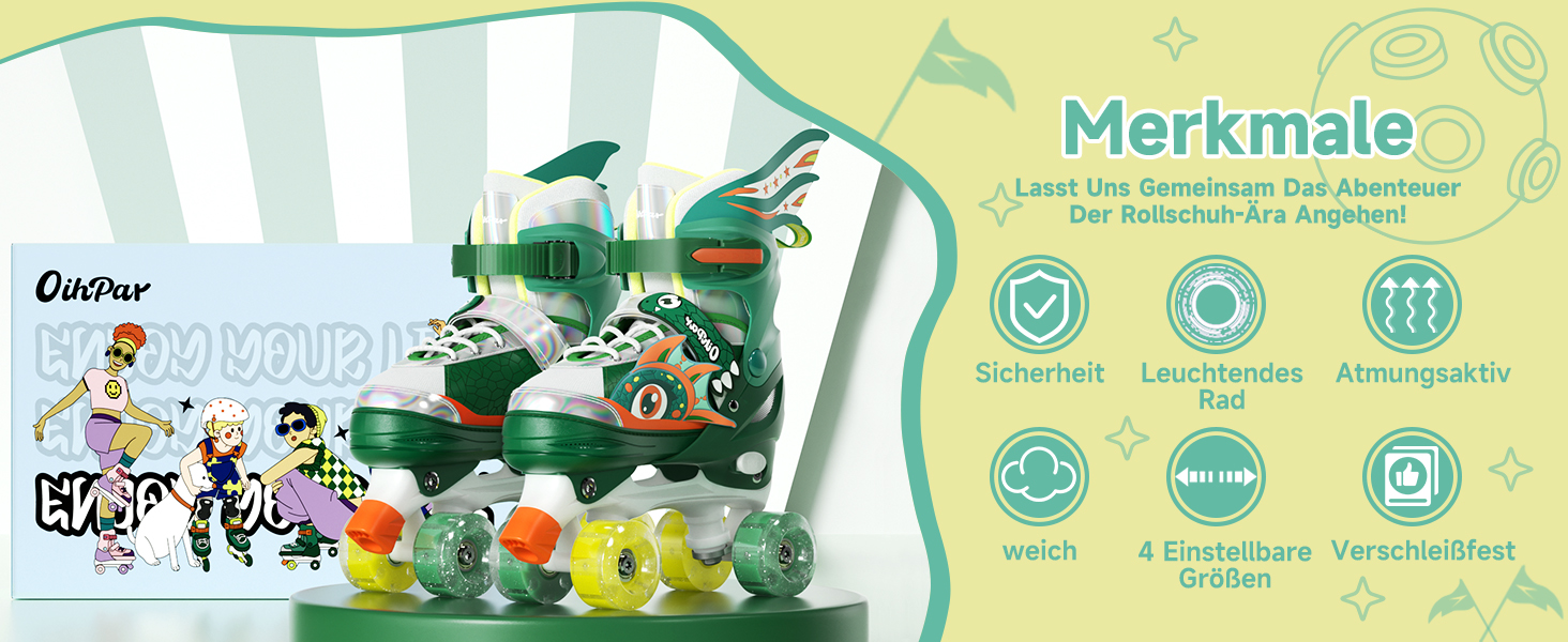 Дитячі ролики Quad Roller Skates з підсвічуванням коліс, регульовані по розміру, зелені (32-35)