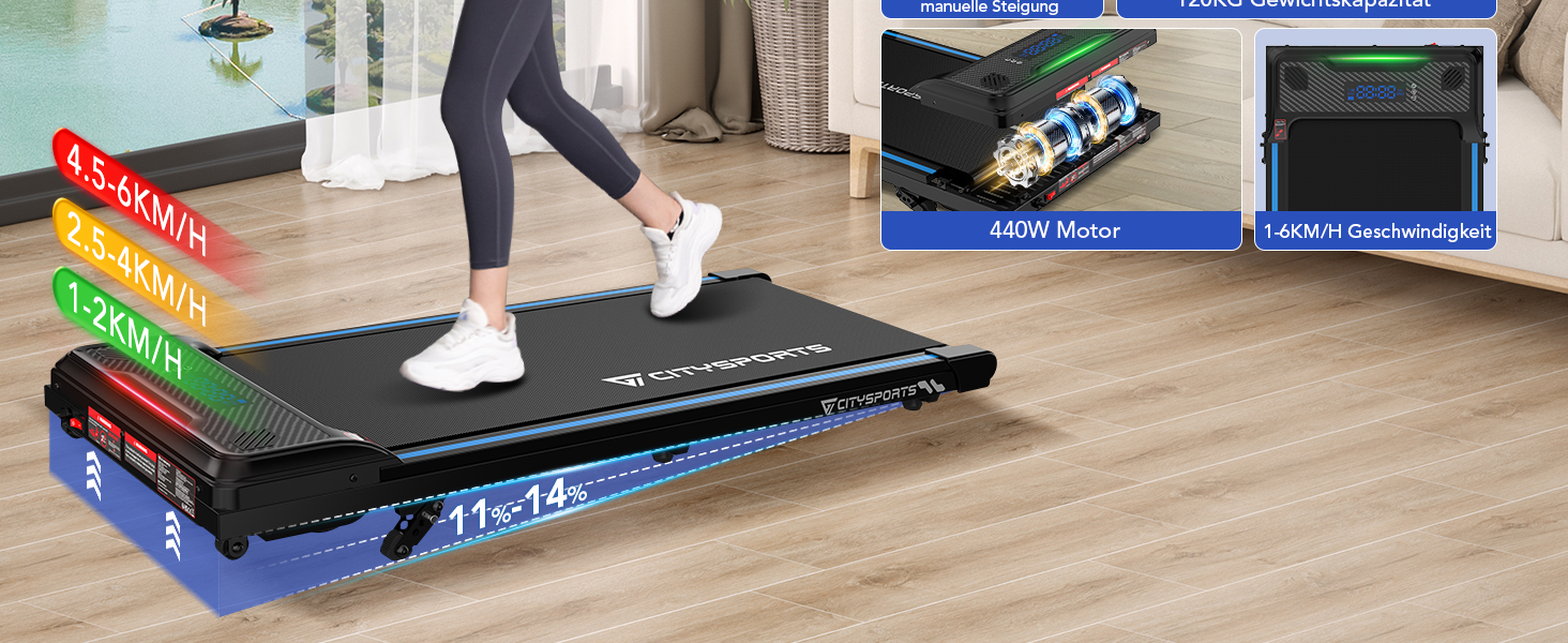 CITYSPORTS Біговий тренажер з регулюванням нахилу, Walking Pad з LED-дисплеєм та світловим ефектом, 1-6 км/год, для дому та офісу, з пультом керування (Blue)