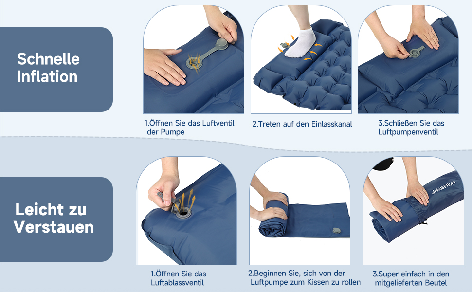 Каремат туристичний HAUSPROFI самонадувний, ультралегкий, з помпою та подушкою, армійний камуфляж (темно-синій)