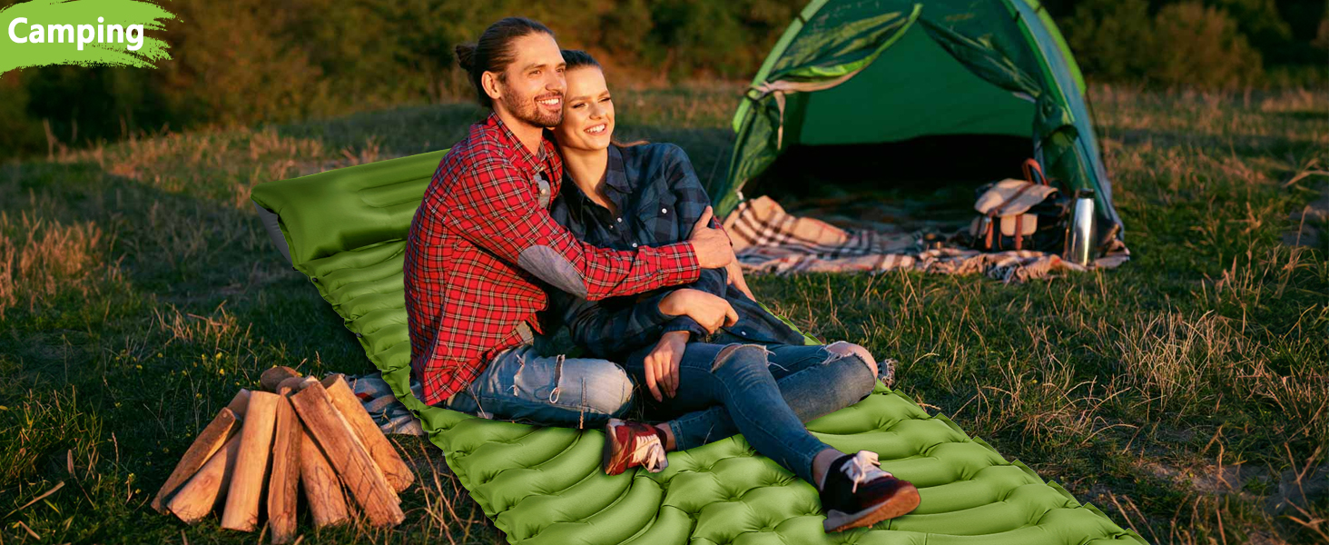 MEIJO Килимок для кемпінгу самонадувний, ізомат, туристичний килимок, Ultraleicht з насосом для ніг, товстий, для відпочинку на природі, у наметі, на пляжі, блакитний & сірий (зелений & сірий)