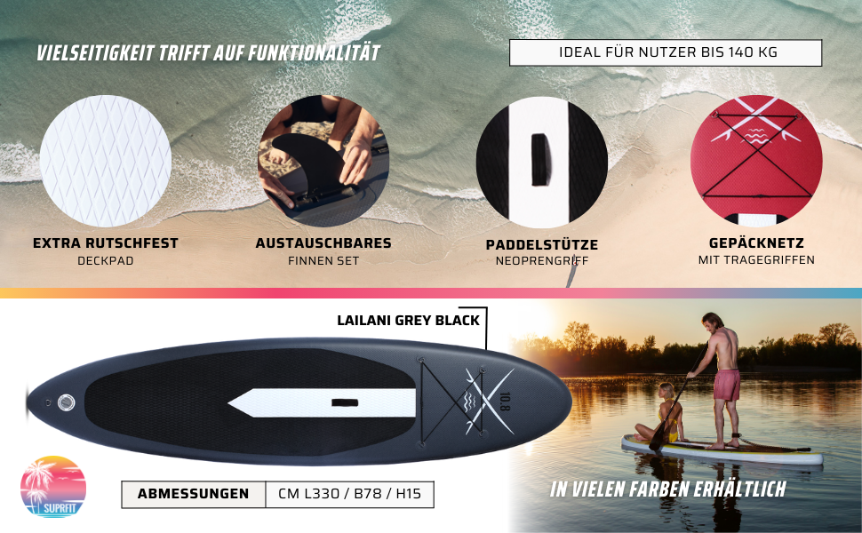 Надувний SUP дошка SUPRFIT для станд-ап паділбордингу, комплект, 330 x 78 x 15 см, до 150 кг, Lailani Black White