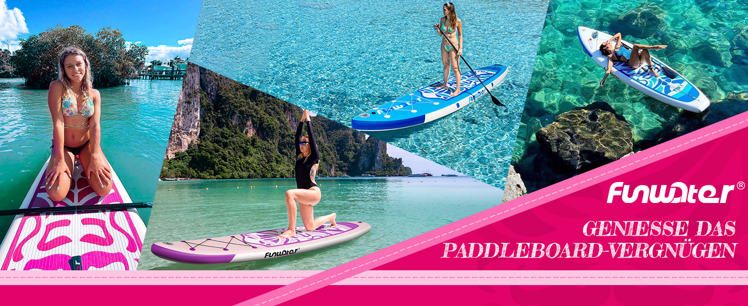 Надувний SUP (Stand Up Paddle Board) FunWater 10'6' & 11'6' з аксесуарами: весло, насос, рюкзак, плавники. Підходить для будь-якого рівня майстерності. Колір: Рожевий (Tiki).
