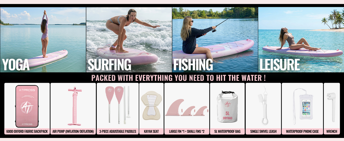 SUP дошка надувна 11'6'x35' для дорослих, рожева з градієнтом, з каяковим сидінням та аксесуарами - для йоги, вантажопідйомність до 181 кг