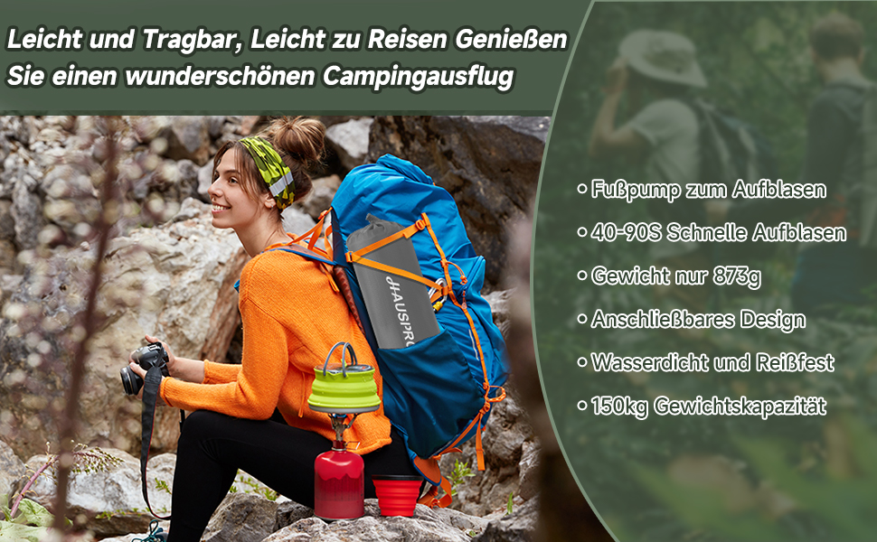 Килимок для кемпінгу HAUSPROFI Isomatte: ультралегкий надувний матрац з насосом та подушкою, для туризму, пляжу, відпочинку на природі (сірий)