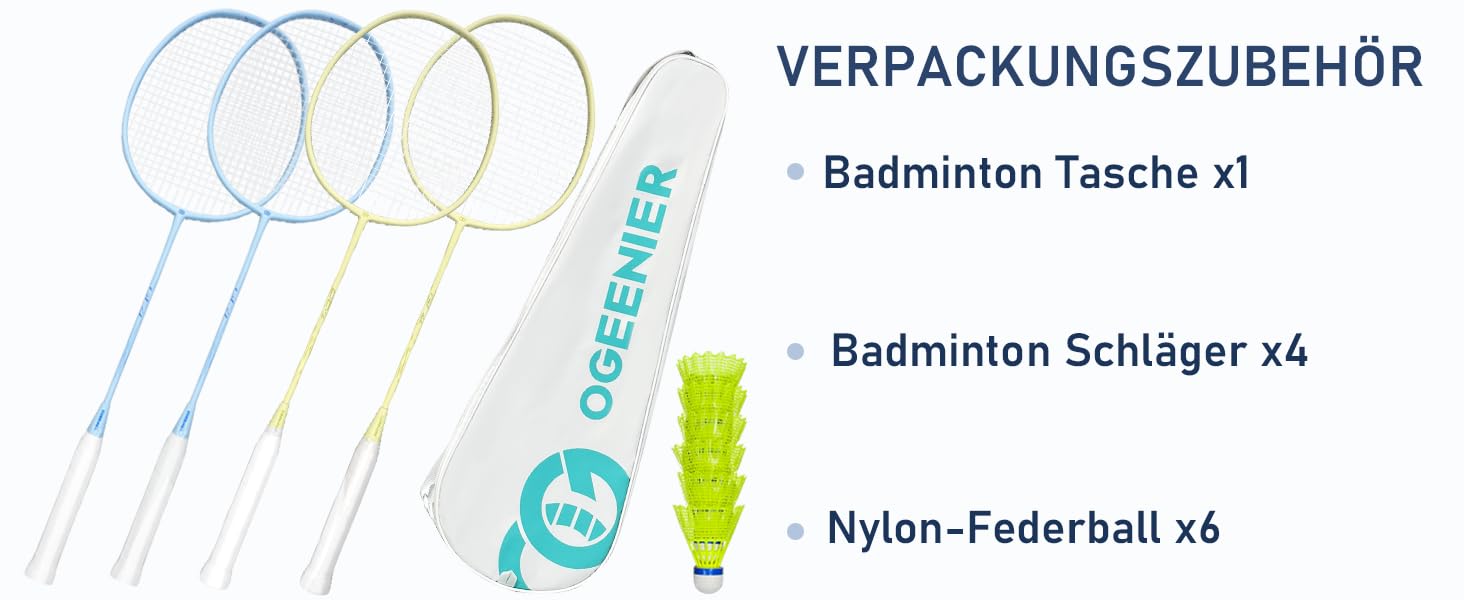 Набір для бадмінтону OGEENIER: 4 ракетки, 6 воланів, сумка, блакитний+жовтий, 3 1/4 дюйма