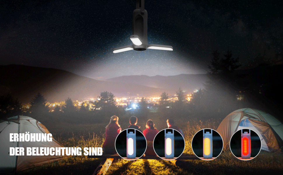 LED кемпінговий ліхтар на акумуляторі 10000 mAh, бездротовий, з 3 режимами освітлення, для наметів та відпочинку на природі, чорний