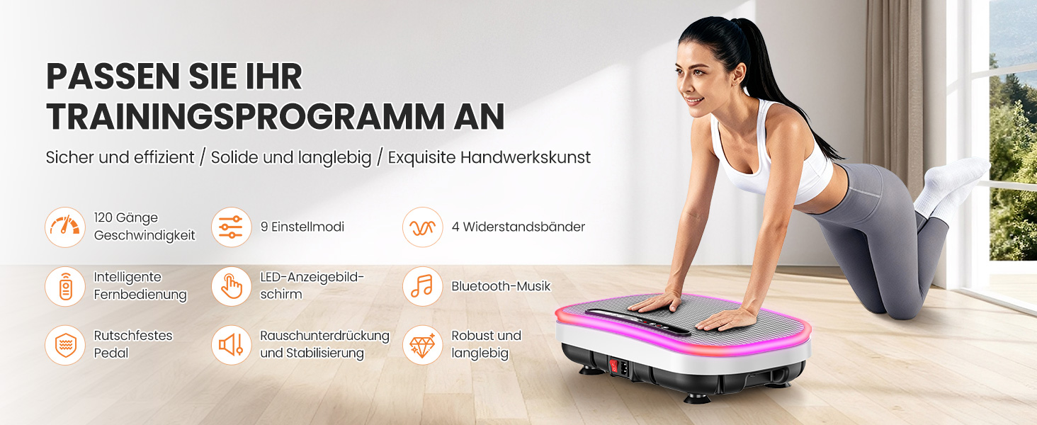 Вібраційна платформа для схуднення з еластичними гумками, 9 режимів, 120 рівнів інтенсивності, Bluetooth, LED-дисплей, місткість 150 кг, білий