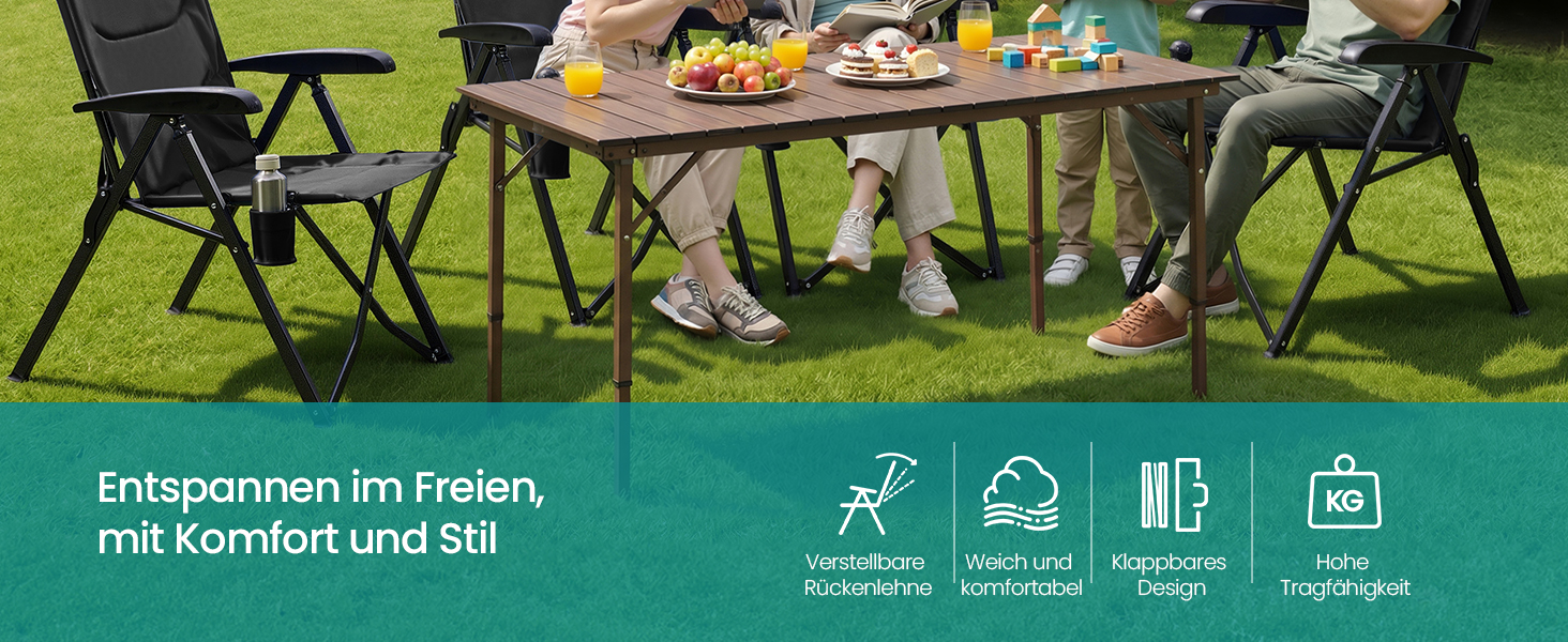 Складний туристичний стілець SONGMICS для відпочинку, риболовлі та кемпінгу, чорний, з регульованою спинкою 95°-150°