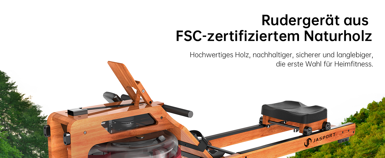 Складальний гребний тренажер R3 з дубового дерева, з Bluetooth LCD-дисплеєм, підтримкою Kinomap, баком для води 28л, ергономічним сидінням та тримачем для планшета, до 150 кг