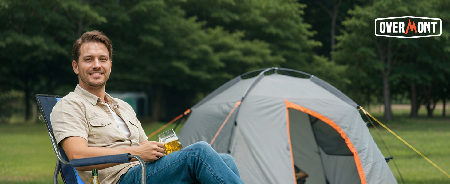 Крісло для кемпінгу OVERMONT: складне, з бічним столиком та сумкою-холодильником, до 180 кг, блакитне