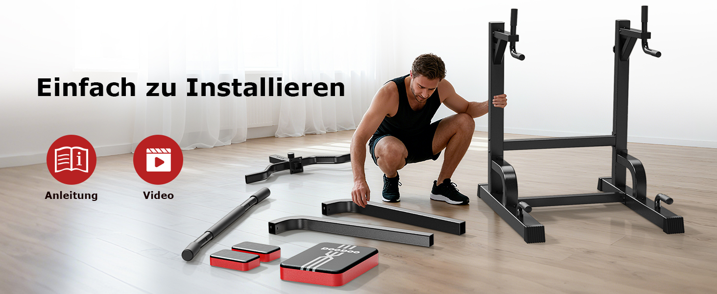 Силовий комплекс Pooboo Power Tower: багатофункціональний турнік з брусами для дому, 11 рівнів регулювання висоти, еластичні стрічки, чорний