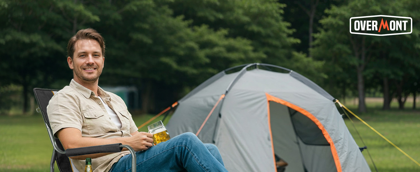 Крісло для кемпінгу OVERMONT: складне, з підспівателем та сумкою-холодильником - до 180 кг, чорне