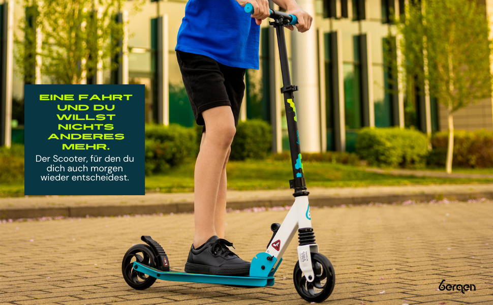 Самокат міський Bergen City Scooter Sonic – алюмінієвий, складаний, колеса PU 145мм, амортизатор, гальмо заднє, регульована висота, для дітей від 5 років, легкий, чорний/білий/синій/зелений