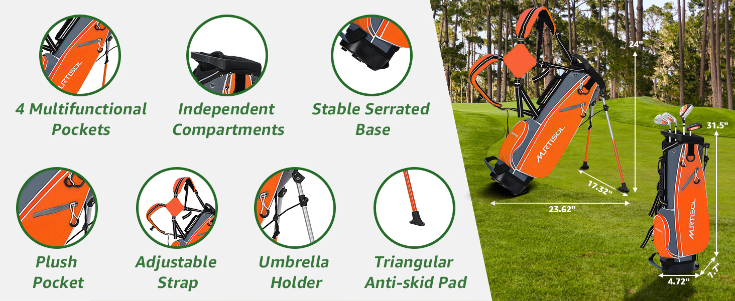 Повний комплект гольф-клубу на 6 шт., включаючи сумку-стійку, драйвер #1, гібрид #5, залізи #6/7, #9/P та паттер. Для правшів (Помаранчевий)