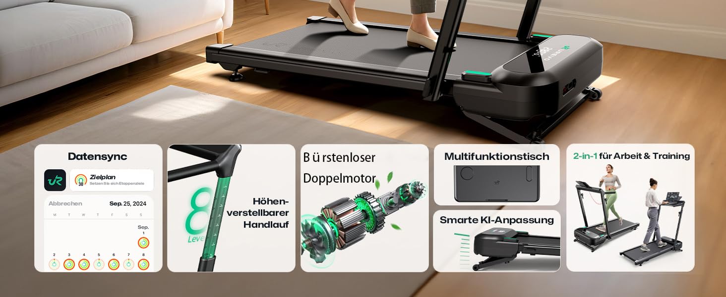 Бігова доріжка Smart Laufband з автоматичним нахилом 9%, 2.5 к.с., складана для дому та офісу, велика платформа, тиха, з KI-додатком та режимами HIIT, чорна
