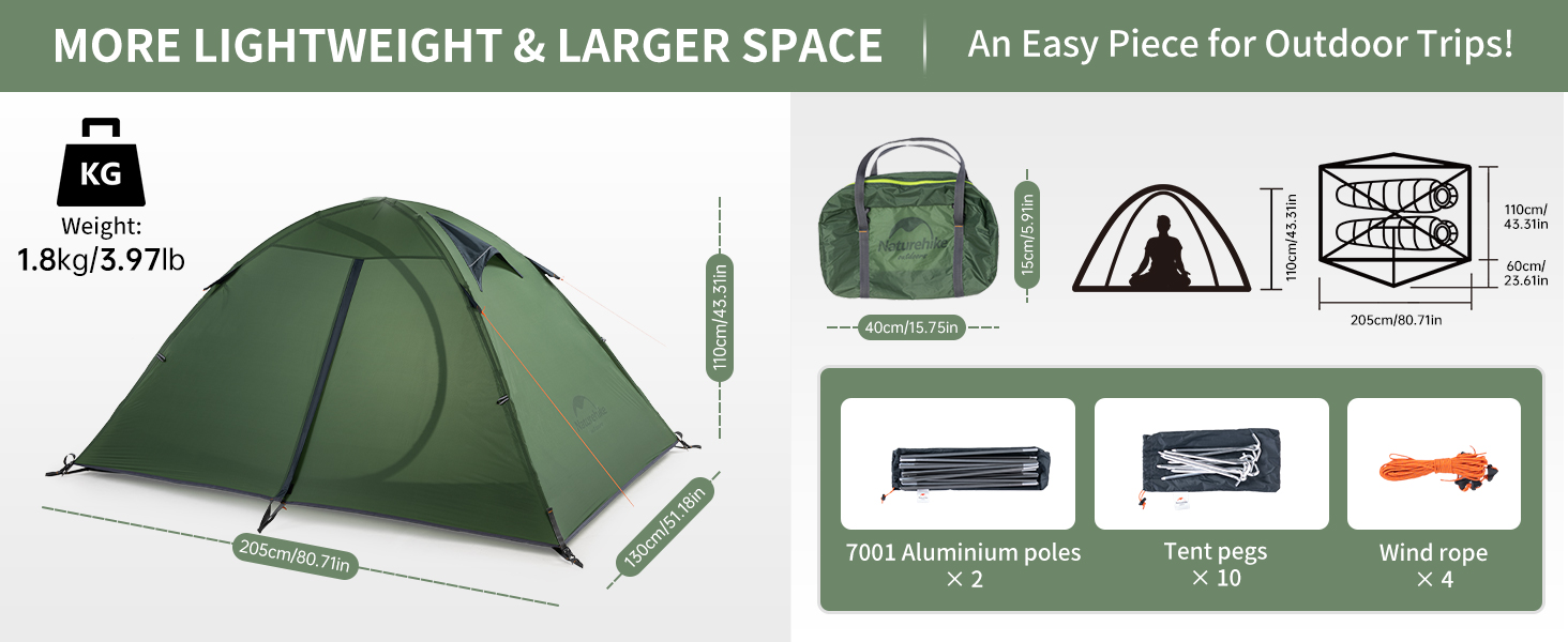 Намет Naturehike Ultraleicht 1-2 особи, водонепроникний, для кемпінгу, трекінгу, лісу - 2 особи, зелений