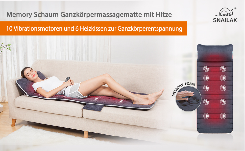 Масажний килимок Snailax з підігрівом та вібрацією - 6 зон терапії для тіла, зняття болю в шиї, спині, попереку та ногах